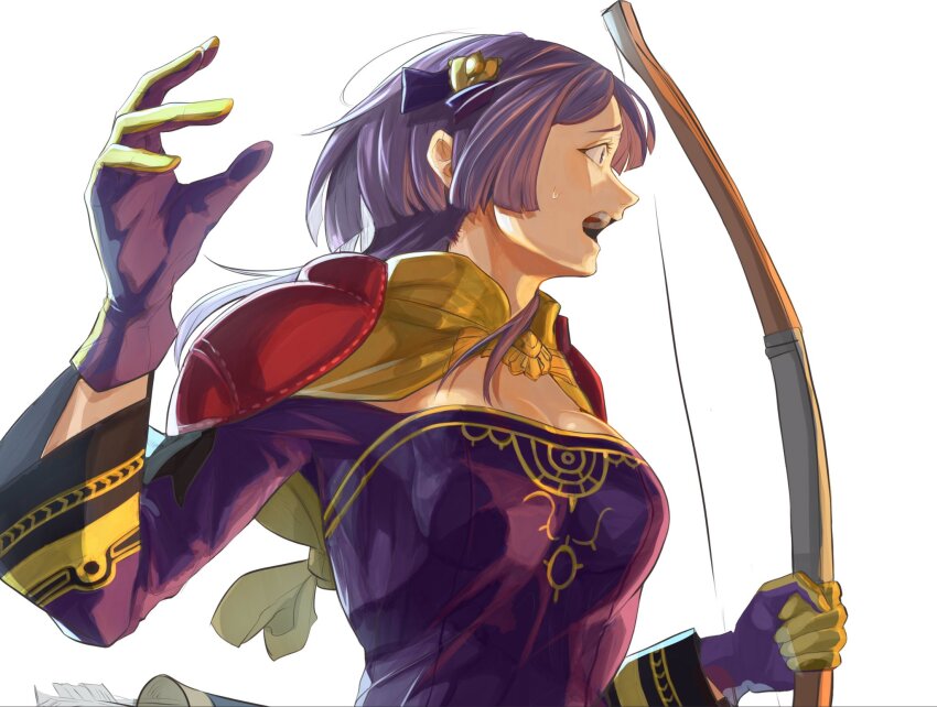 1girl bernadetta_von_varley bernadetta_von_varley_(timeskip) bow_(weapon) breasts cleavage dress fire_emblem fire_emblem:_three_houses gloves highres holding holding_bow_(weapon) holding_weapon long_hair nintendo open_mouth purple_dress purple_gloves purple_hair solo sutekina_yari upper_body weapon