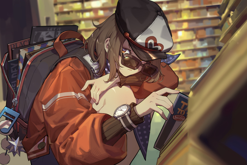 1girl :/ abi_(qiaoyijing) absurdres arm_on_knee backpack bag bag_charm beamed_sixteenth_notes black_neckerchief blurry blurry_background brown_hair charm_(object) closed_mouth feet_out_of_frame hat head_on_arm highres holding_record_jacket indoors jacket knees_to_chest looking_at_viewer musical_note musical_note_charm neckerchief newsboy_cap open_bag orange_eyes photo-referenced polka_dot_neckerchief record_jacket record_store red_jacket regulus_(reverse:1999) reverse:1999 shop short_hair solo squatting sunglasses watch wristwatch
