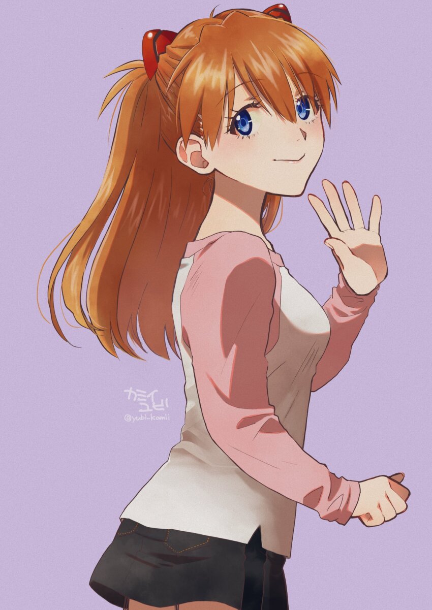 1girl :&gt; blue_eyes blush breasts brown_hair denim denim_skirt hair_ornament highres lips long_hair looking_at_viewer looking_back neon_genesis_evangelion salute simple_background skirt solo souryuu_asuka_langley standing twitter_username two_side_up very_long_hair yubi_kamii