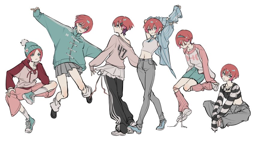 1girl absurdres amate_yuzuriha aqua_eyes aqua_hairband aqua_hat aqua_jacket aqua_shoes aqua_skirt beanie black_pants commentary_request crop_top grey_pants grey_skirt gundam gundam_gquuuuuux hair_ornament hairband hairclip hat highres horizontal-striped_skirt jacket leg_warmers multiple_views pants pants_under_skirt pink_leg_warmers pink_pants pom_pom_(clothes) pom_pom_beanie red_hat shirt shoelaces shoes short_hair simple_background single_bare_shoulder skirt socks solo striped_clothes striped_shirt sweatpants szztzzs white_background white_socks