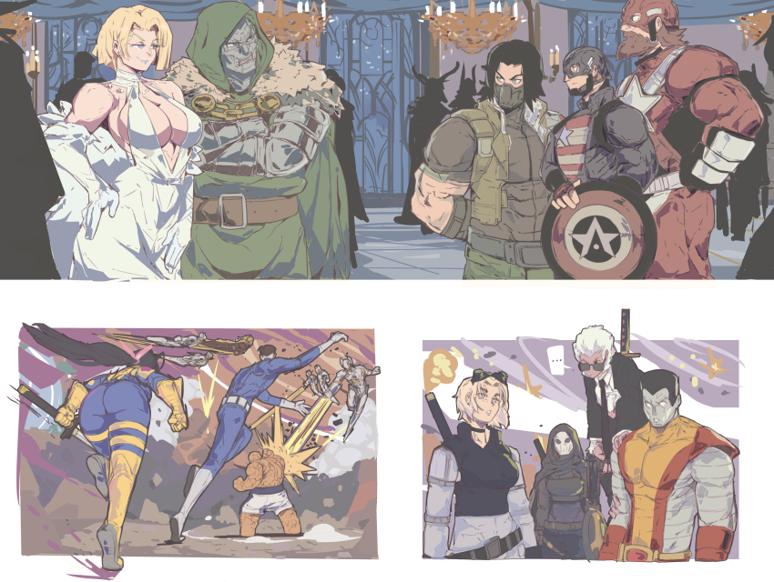7_passes ass ben_grimm blonde_hair blue_eyes blue_lips bodysuit breasts bucky_barnes cape captain_america:_the_winter_soldier captain_america_(series) choker cleavage colossus_(x-men) doctor_doom earrings emma_frost fantastic_four gloves highres jewelry johnny_storm large_breasts long_hair makeup marvel marvel_cinematic_universe marvel_rivals mechanical_arms michel_teru monkey prosthesis prosthetic_arm reed_richards short_hair single_mechanical_arm smile sue_storm superhero_costume two-tone_bodysuit ultron winter_soldier x-men