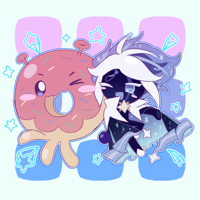 1boy 1other alien antennae arm_up black_cape black_eyes black_skin blue_cape blue_eyes blue_hair blue_ribbon blue_tattoo blue_trim blush_stickers cape collar colored_eyelashes colored_skin comet commentary cookie_run cookie_run:_kingdom creature dark_blue_hair dbrs donut facial_mark facial_tattoo floating_cape floating_hair food friends full_body gold happy highres in_air looking_at_another marking_on_forehead midair multicolored_hair one_eye_closed one_leg_raised open_mouth orb ribbon shoes short_hair sidelocks smile space_doughnut sparkle sparkle_print sprinkles star_(symbol) star_ornament stardust_cookie swirl tagme tattoo translucent_hair white_collar white_footwear white_hair wink