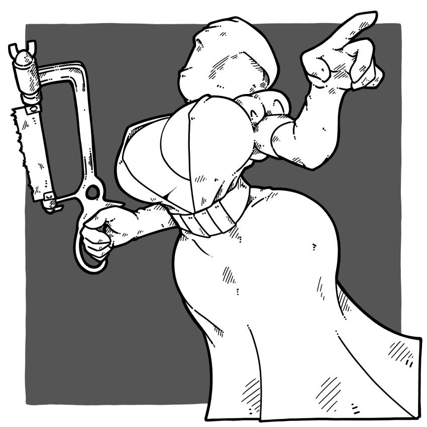 1girl bag_over_head belt breasts cleavage curvy dead_by_daylight dress hacksaw highres holding huge_breasts monochrome name_omoitukan2 plunging_neckline puffy_short_sleeves puffy_sleeves saw short_sleeves solo the_nurse_(dead_by_daylight) wide_hips