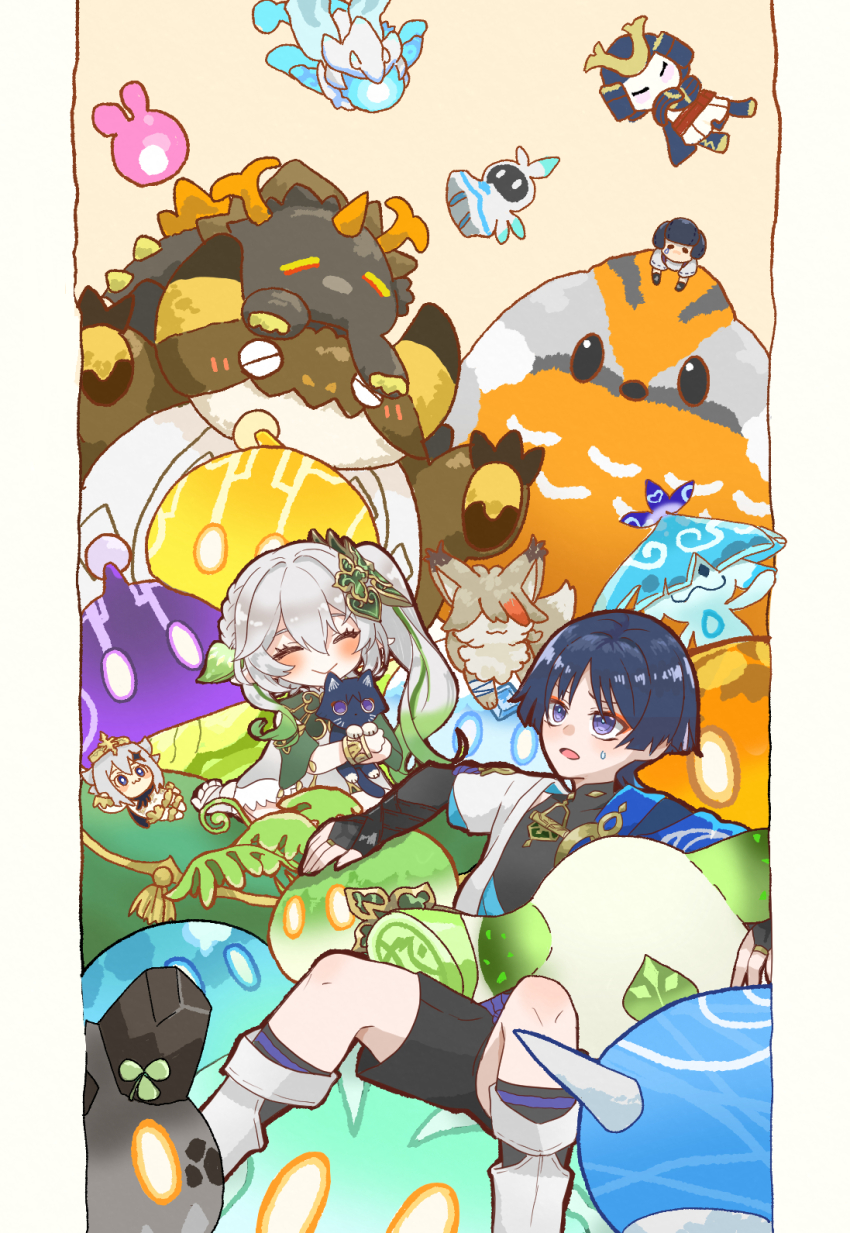1boy 1girl :&gt; anemo_slime_(genshin_impact) animal animalization ararycan_(genshin_impact) azhdaha_(genshin_impact) bird black_bodysuit black_bridal_gauntlets black_cat black_hair black_leggings black_shorts bloomers blue_cape blue_kimono blue_sleeves blunt_ends blush bodysuit bracelet bridal_gauntlets cape cat character_doll closed_eyes closed_mouth clover covered_collarbone detached_sleeves doll dress endora_(genshin_impact) eyelashes eyeliner eyeshadow facing_viewer finch fox fringe_trim genshin_impact gold gold_ring green_sleeves grey_hair hair_between_eyes hair_ornament hakama hakama_shorts half_crown_braid han&#039;eri highres holding holding_animal holding_cat japanese_clothes jewelry kimono layered_kimono layered_sleeves leaf leaf_hair_ornament leg_warmers leggings long_hair looking_up makeup mandarin_collar middle_ring multicolored_hair nahida_(genshin_impact) narwhal neo_akasha_terminal niwa_(genshin_impact) on_pillow open_clothes open_kimono open_mouth outstretched_arms paimon_(genshin_impact) person_and_animalization pillow pleated_shorts pointy_ears purple_eyes raised_eyebrows red_eyeliner red_eyeshadow scaramouche_(cat)_(genshin_impact) scaramouche_(genshin_impact) seiza shiki_koshou short_sleeves shorts shoulder_peek side_ponytail sidelocks sitting slime_(genshin_impact) spread_arms streaked_hair stuffed_animal stuffed_toy susukinohara320 sweatdrop toeless_footwear toes underwear venti_(genshin_impact) wanderer_(genshin_impact) white_background white_bloomers white_dress white_footwear white_hair white_kimono white_leg_warmers white_sleeves zhongli_(genshin_impact)