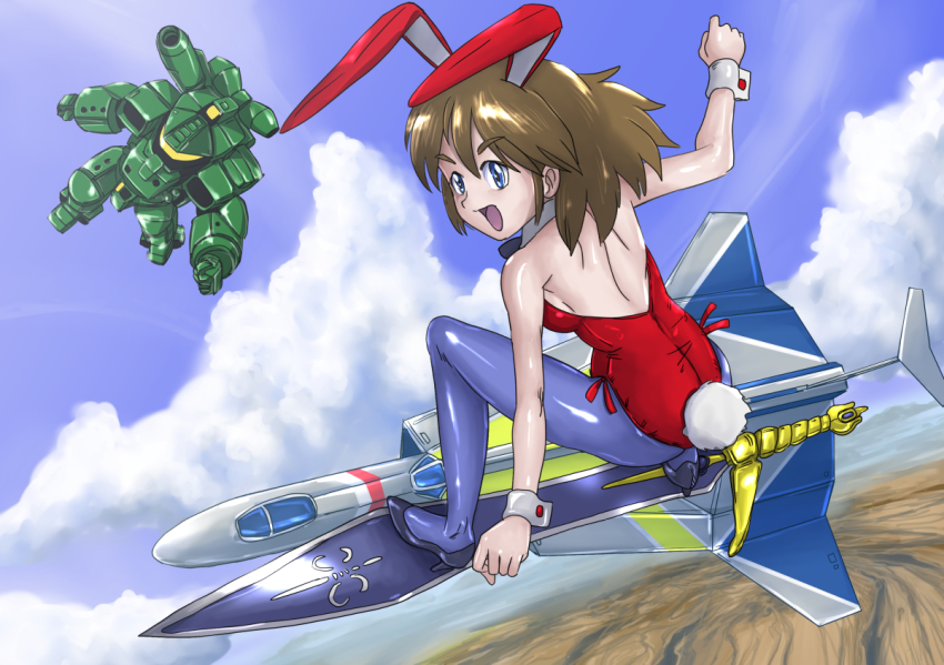 1girl aircraft airplane animal_ears blue_eyes brown_hair cloud daicon daicon_bunny_girl daicon_iv fake_animal_ears female_focus flying high_heels jet karasuke_d leotard mobile_infantry outdoors playboy_bunny rabbit_ears rabbit_tail sky solo starship_troopers sword tail weapon wrist_cuffs