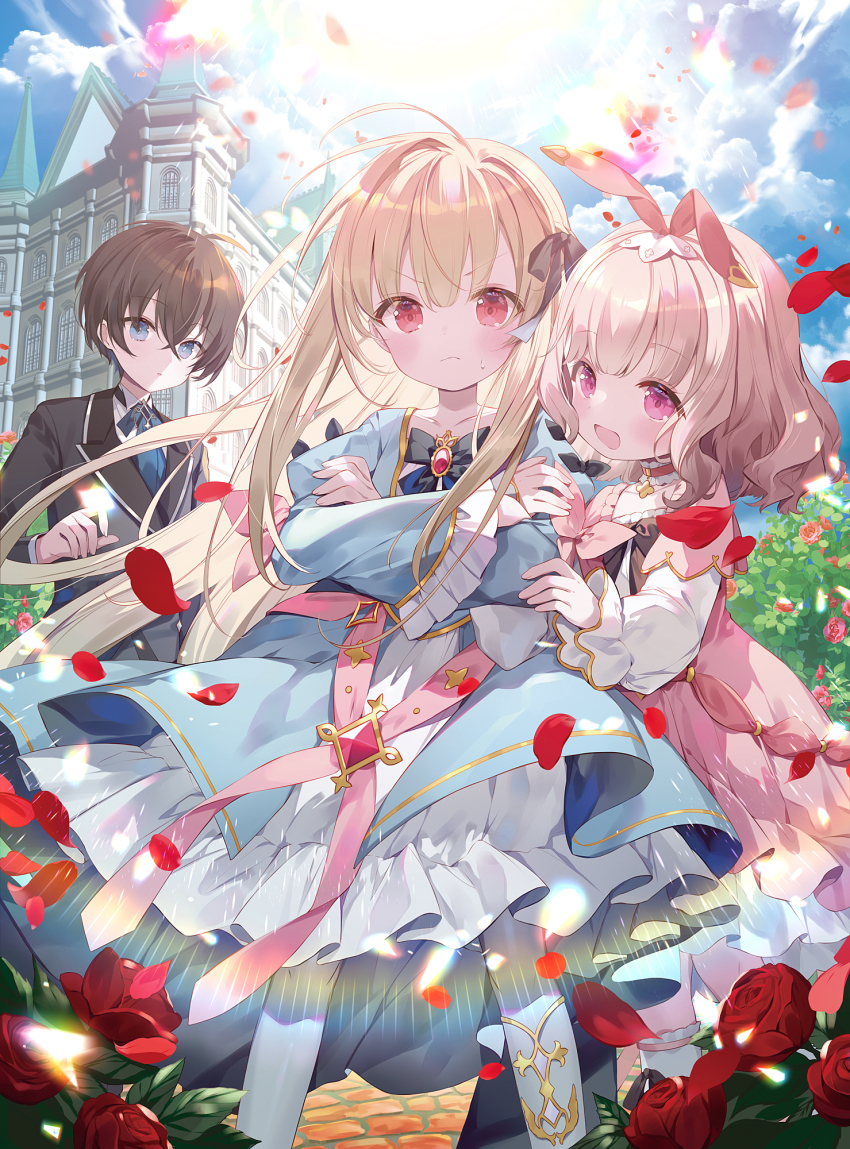 1boy 2girls animal_ear_hairband animal_ears black_hair blonde_hair blue_eyes blue_sky bow bowtie building chandra_(hametsu_no_yami_seijo) character_request closed_mouth cloud cover cover_page crossed_arms curly_hair dress dress_suit fake_animal_ears falling_petals flower frilled_sleeves frills hairband highres hug ibara_riato kirakira_name_no_&quot;hametsu_no_yami_seijo&quot;_niwa_narimasen! layered_dress long_hair multiple_girls necktie novel_cover official_art open_mouth pantyhose petals pink_hair rabbit_ear_hairband rabbit_ears red_eyes short_hair sky sun twintails white_pantyhose