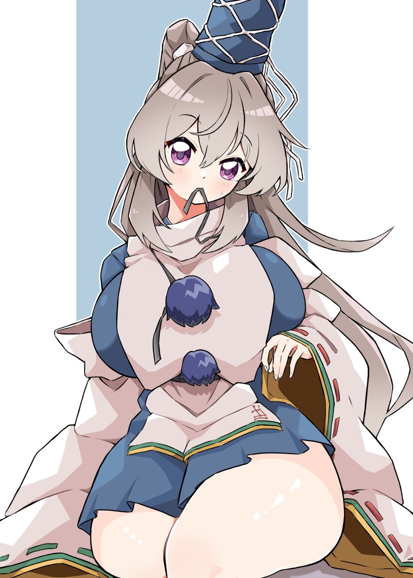 absurdres breasts grey_hair gurajio hat high_ponytail highres japanese_clothes large_breasts mononobe_no_futo pointy_hair pom_pom_(clothes) ponytail ribbon-trimmed_sleeves ribbon_trim touhou
