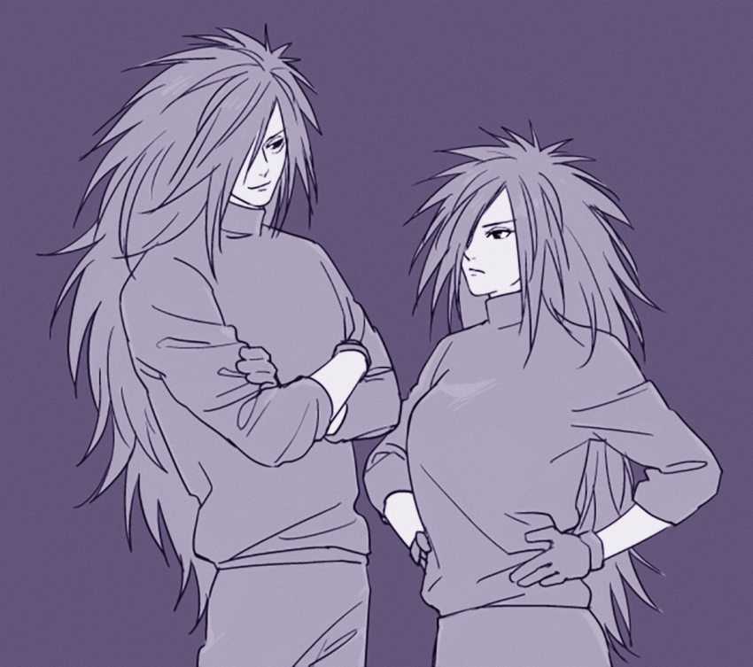 1boy 1girl eyebags genderswap genderswap_(mtf) gloves long_hair monochrome naruto naruto_(series) simple_background tagme uchiha_madara wild_hair
