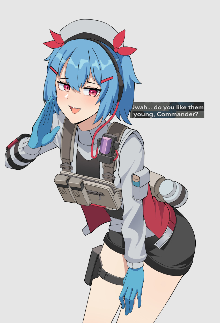 1girl absurdres black_shorts blue_hair blush breasts colphne_(girls&#039;_frontline_2) english_text gar32 girls&#039;_frontline girls&#039;_frontline_2:_exilium gloves hair_between_eyes hair_ornament hair_ribbon hairclip half-closed_eyes half_gloves hand_up highres holster jacket leaning_forward looking_at_viewer medium_hair red_eyes red_ribbon ribbon short_shorts shorts small_breasts smug solo standing thigh_holster twintails white_jacket