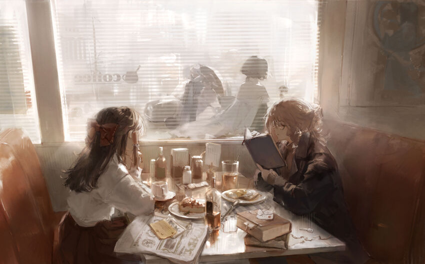5girls absurdres alternate_costume bespectacled blonde_hair book booth_seating bottle bow braid brown_hair brown_jacket cape character_request commentary contemporary cup drinking_glass egg_(food) food glasses hair_bow hair_tubes hakurei_reimu half-closed_eyes highres holding holding_book holding_umbrella jacket key kirisame_marisa long_hair long_sleeves multiple_girls no_headwear open_book open_mouth pie pie_slice plate reading red_bow red_skirt restaurant sawararado shirt side_braid single_braid sitting skirt spoon table teacup tenkyuu_chimata touhou umbrella white_bow white_cape white_shirt yellow_eyes