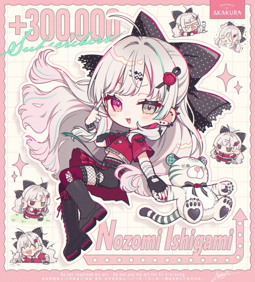 1girl akakura chibi fingerless_gloves fishnet_pantyhose fishnets gloves heterochromia highres ishigami_nozomi necktie nijisanji pantyhose skirt v