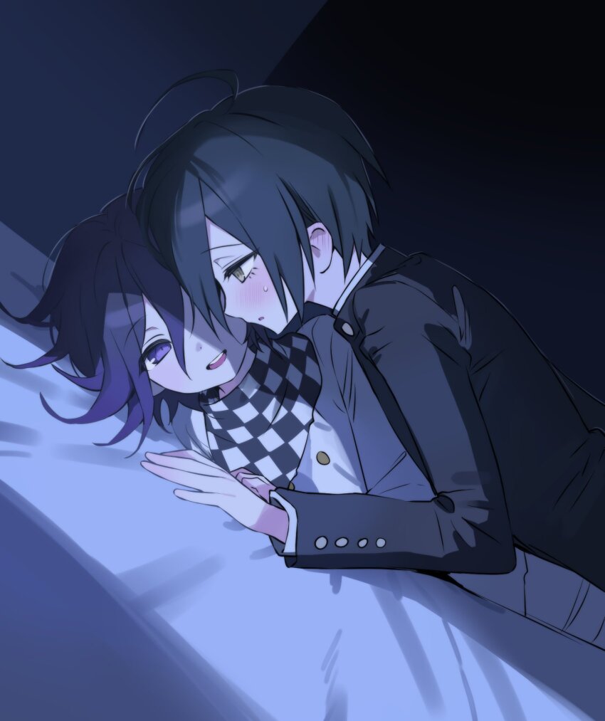 2boys bed_sheet black_hair black_jacket blush brown_eyes buttons checkered_clothes checkered_scarf danganronpa_(series) danganronpa_v3:_killing_harmony eyelashes flipped_hair from_side hair_between_eyes highres jacket kishu11037 long_sleeves lying lying_on_person male_focus medium_hair multiple_boys night oma_kokichi on_bed on_stomach open_mouth profile purple_eyes purple_hair ringed_eyes saihara_shuichi scarf short_hair sweat two-tone_scarf upper_body yaoi