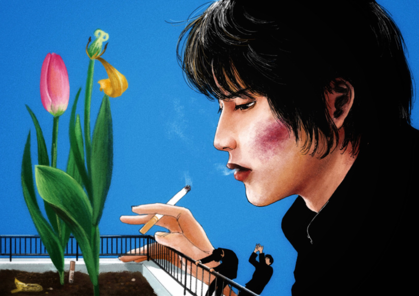 3boys aoi_haru_(film) between_fingers black_eyes black_hair black_jacket blue_background bruise bruise_on_face cigarette clapping commentary_request falling flower gakuran giant half-closed_eyes hands_up highres holding holding_cigarette injury jacket kujo_(aoi_haru) looking_at_flowers multiple_boys on_railing pink_flower portrait profile railing rooftop school_uniform short_hair simple_background smoking soil solo_focus surreal symbolism tulip wilted_flower wymaaa