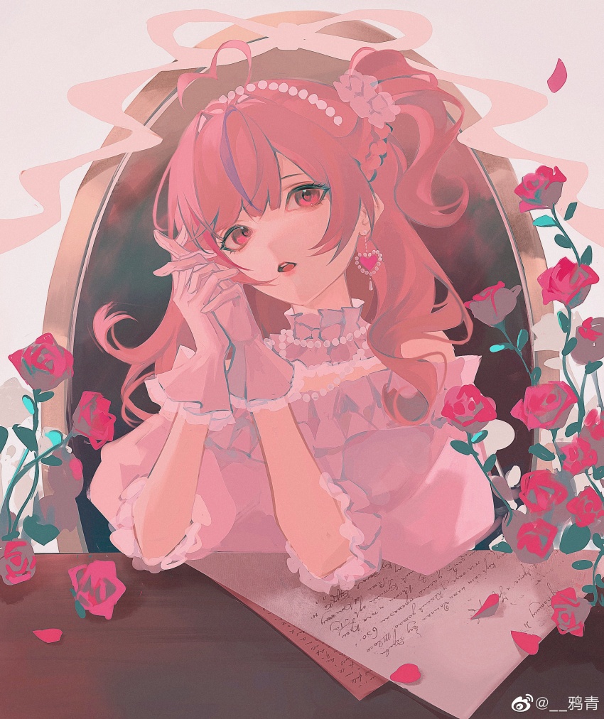 1girl absurdres ahoge braid center-flap_bangs choker commentary earrings elbow_rest elbows_on_table english_commentary flower frilled_choker frilled_gloves frills gloves hair_ornament hair_scrunchie hairband half_up_braid head_tilt heart heart_ahoge heart_earrings highres interlocked_fingers jewelry letter looking_at_viewer maria_marionette medium_hair multicolored_hair necklace nijisanji nijisanji_en off-shoulder_shirt off_shoulder one_side_up own_hands_together paper parted_lips pearl_hairband pearl_necklace picture_frame pink_choker pink_eyes pink_flower pink_gloves pink_hair pink_ribbon pink_rose pink_scrunchie pink_shirt puffy_sleeves purple_hair ribbon rose scrunchie shirt solo streaked_hair teeth three-quarter_sleeves upper_body upper_teeth_only virtual_youtuber watermark weibo_watermark white_background yaqing