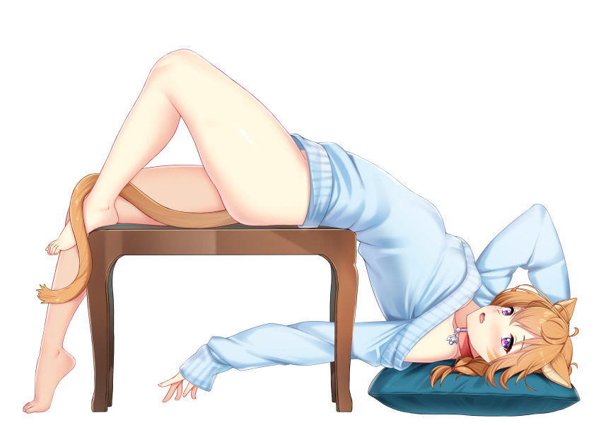 1girl absurdres animal_ears bare_shoulders barefoot blue_shirt blue_sweater blush braid breasts cat_ears cat_girl choker collar commission commissioner_upload facepaint facial_mark fang fire_emblem fire_emblem:_path_of_radiance fire_emblem:_radiant_dawn highres hood hoodie large_variant_set looking_at_viewer lying lyre_(fire_emblem) messy_hair nabunabu naked_hoodie nintendo no_bra no_pants open_mouth orange_hair orange_tail pillow pink_choker pink_collar purple_eyes shirt solo sweater thick_thighs thighs turtleneck turtleneck_sweater variant_set whisker_markings white_background