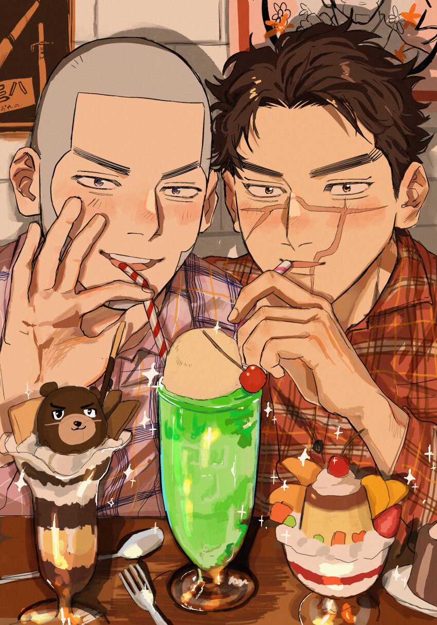 2boys absurdres animal-themed_food arm_up bear blush brown_eyes brown_hair buzz_cut cherry contemporary drinking_straw drinking_straw_in_mouth food fork fruit golden_kamuy highres ice_cream ice_cream_float looking_at_viewer male_focus multiple_boys open_mouth orange_(fruit) orange_slice parfait parted_hair parted_lips plaid_clothes plaid_shirt plate pudding scar scar_on_face shiraishi_yoshitake shirt short_hair side-by-side smile spoon sugimoto_saichi teeth ton_(ton19130318) tongue upper_teeth_only utensil very_short_hair whipped_cream