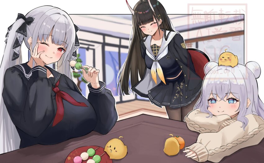 +_+ 3girls ^_^ ahoge aran_sweater architecture azur_lane baby_animal bent_over bird black_bow black_cardigan black_hair black_sailor_collar black_serafuku black_skirt blue_eyes blunt_bangs blush border bow breasts brown_pantyhose cable_knit cardigan chick closed_eyes collarbone commentary_request commission dango double_bun east_asian_architecture food formidable_(azur_lane) formidable_(the_lover&#039;s_heart_flutters_on_duty)_(azur_lane) fruit grey_hair hair_bow hair_bun hair_ornament hand_on_own_cheek hand_on_own_face highres holding holding_tray horns indoors large_breasts le_malin_(azur_lane) long_hair long_sleeves mandarin_orange manjuu_(azur_lane) medium_breasts multiple_girls neckerchief noshiro_(azur_lane) official_alternate_costume one_eye_closed oni open_cardigan open_clothes pantyhose plate reaching red_eyes red_neckerchief ribbed_sweater sailor_collar sakura_empire_(emblem) school_uniform serafuku skeb_commission skin-covered_horns skirt sleeves_past_wrists smile soul_(dp11) sweater table tray twintails very_long_hair wagashi watermark white_border white_hair white_neckerchief white_sailor_collar wooden_floor x_hair_ornament