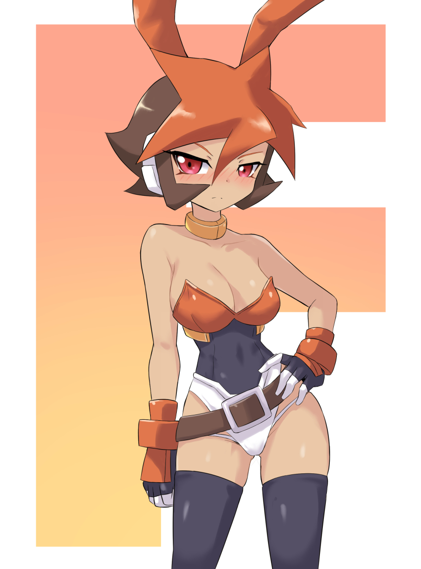 1girl absurdres animal_ears atlas_(mega_man) black_thighhighs brown_hair dark-skinned_female dark_skin highleg highleg_panties highres leotard looking_at_viewer mega_man_(series) mega_man_zx mega_man_zx_advent multicolored_hair orange_hair panties playboy_bunny rabbit_ears red_eyes robot_ears solo thighhighs underwear white_panties zerokun135