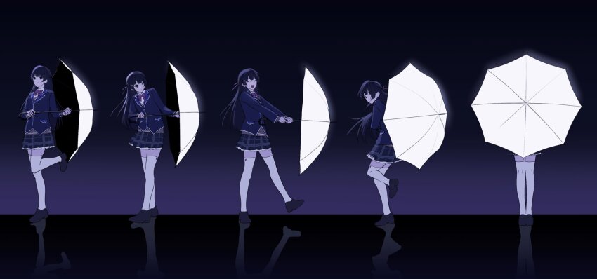 1girl black_hair black_jacket black_shoes black_skirt blazer from_behind full_moon highres holding holding_umbrella jacket lapels loafers long_hair ma52887610 miniskirt moon multiple_views nijisanji plaid_clothes plaid_skirt pleated_skirt reflective_floor school_uniform shoes skirt smile standing standing_on_one_leg thighhighs tsukino_mito tsukino_mito_(1st_costume) umbrella virtual_youtuber white_thighhighs white_umbrella
