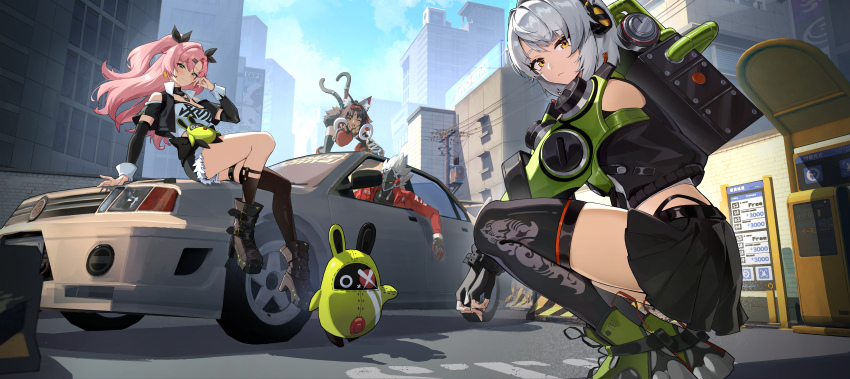 1boy 3girls absurdres all_fours anby_demara animal_ears belted_skirt billy_kid black_hair black_ribbon black_shorts black_skirt boots breasts cable cable_tail car cat_ears cat_girl cat_tail chiyikoupangsanjin clothing_cutout corset crop_top cyborg dark-skinned_female dark_skin eous_(zenless_zone_zero) facial_mark fingerless_gloves forehead_mark full_body gloves green_eyes green_jacket green_sleeves grey_hair hair_ornament hairband hairclip headphones highres incredibly_absurdres jacket large_breasts long_hair long_sleeves looking_at_viewer mask mechanical_tail mole mole_on_thigh mole_under_eye motor_vehicle multiple_girls multiple_tails nekomata nekomiya_mana nicole_demara on_car one_eye_closed open_mouth orange_eyes outdoors pink_hair red_corset red_eyes red_hairband red_jacket ribbon robot robot_boy short_hair shorts shoulder_cutout skirt sleeveless sleeveless_jacket smile spiked_hair spiked_jacket squatting strapless tail thigh_strap thighhighs triangle tube_top two_tails white_hair white_tube_top zenless_zone_zero