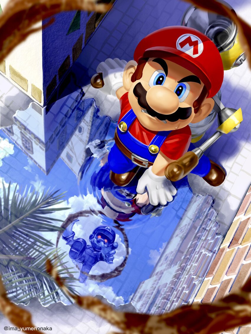 2boys artist_name belt belt_buckle blue_eyes blue_overalls blue_pants brown_belt brown_footwear brown_hair buckle building clenched_teeth commentary english_commentary f.l.u.d.d. facial_hair full_body gloves glowing glowing_eyes hat highres looking_up male_focus mario mario_(series) multiple_boys mustache nintendo overalls palm_tree pants parted_lips puddle red_eyes red_headwear red_shirt reflection reflective_water shadow_mario shirt shoes short_hair short_sleeves standing super_mario_sunshine sweatdrop teeth tree twitter_username v-shaped_eyebrows water white_gloves yuuma_rimi