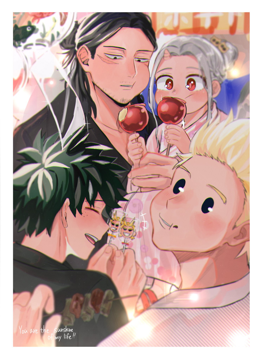 1girl 3boys all_might black_eyes black_hair blonde_hair boku_no_hero_academia candy collarbone aizawa_shota eri_(boku_no_hero_academia) facial_hair festival fingernails food food_on_face freckles goatee green_hair grey_hair highres holding holding_candy holding_food holding_lollipop holding_skewer horns japanese_clothes lollipop long_hair looking_down midoriya_izuku multiple_boys mustache_stubble oni_horns red_eyes scar scar_on_face short_hair skewer sparse_stubble stubble togata_mirio ton_(ton19130318)