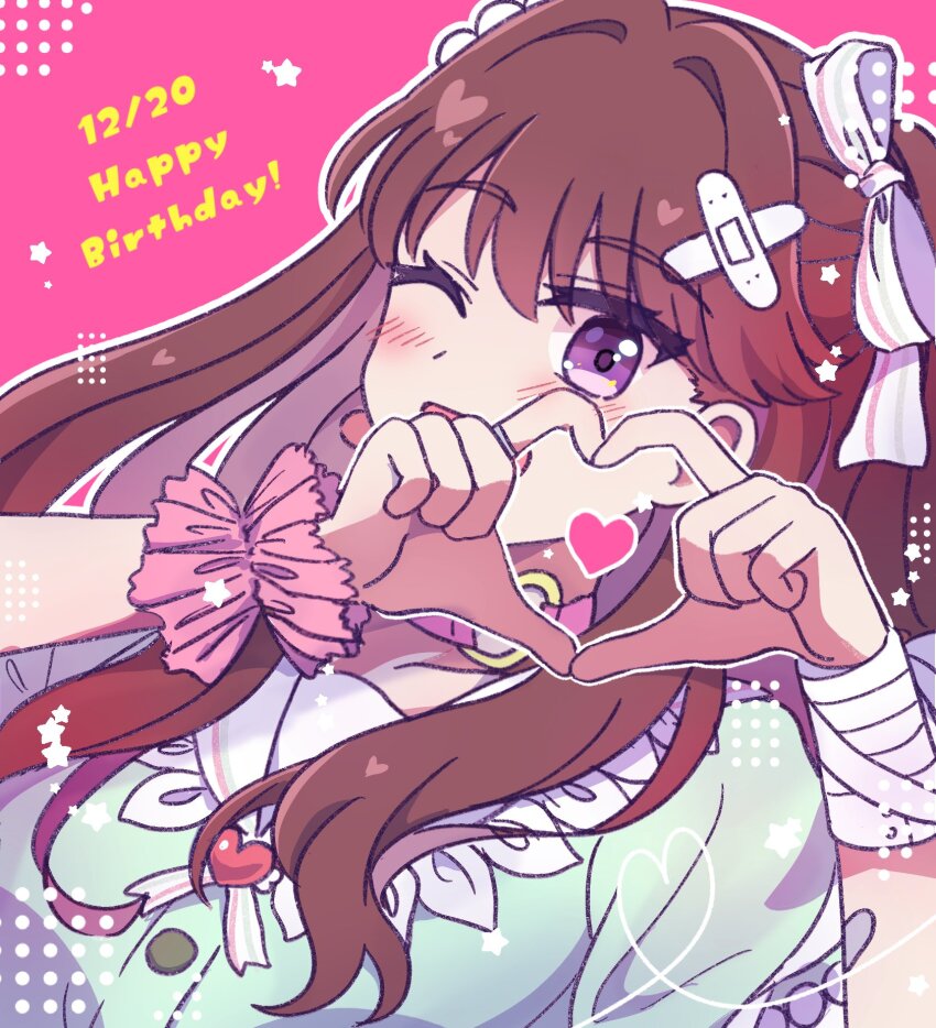 1girl four-finger_heart_hands ;d aqua_dress bandaid bandaid_hair_ornament blush brown_hair commentary_request dated dress frilled_sailor_collar frills fujishima_megumi hair_ornament hair_ribbon hakuchu_a_la_mode happy_birthday heart heart_hands heart_in_heart_hands highres link!_like!_love_live! long_hair looking_at_viewer love_live! official_alternate_costume one_eye_closed open_mouth outline pink_background purple_eyes ribbon sailor_collar sailor_dress simple_background smile solo striped_ribbon two_side_up upper_body virtual_youtuber watage_modoki white_outline white_ribbon white_sailor_collar