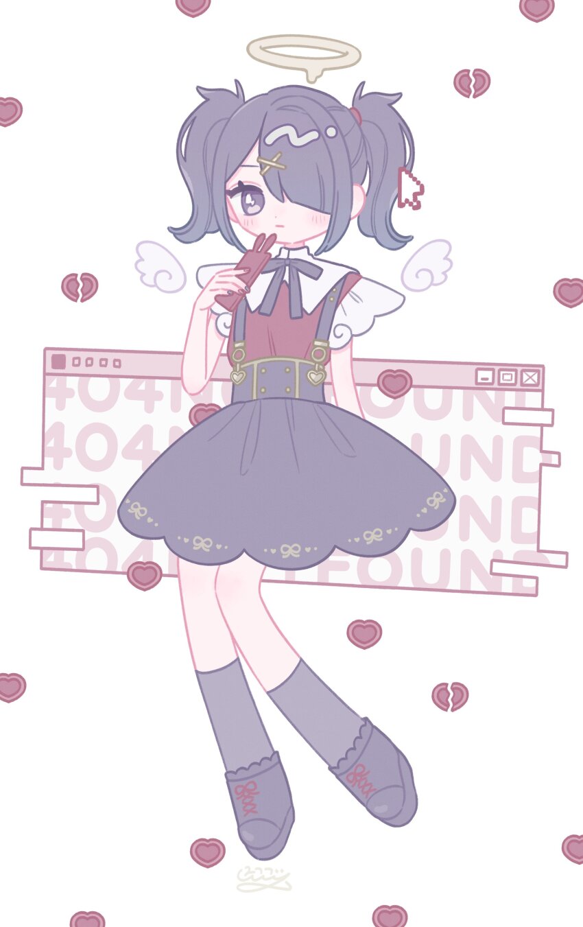 1girl 404 absurdres ame-chan_(needy_girl_overdose) black_hair black_ribbon black_shoes black_skirt black_socks broken_heart closed_mouth collared_shirt commentary_request cursor full_body hair_ornament hair_over_one_eye halo hand_up heart highres holding holding_phone http_status_code kneehighs long_hair looking_at_viewer melting_halo neck_ribbon needy_girl_overdose nicogoly phone red_shirt ribbon shirt shoes signature skirt socks solo suspender_skirt suspenders twintails window_(computing) x_hair_ornament yellow_halo