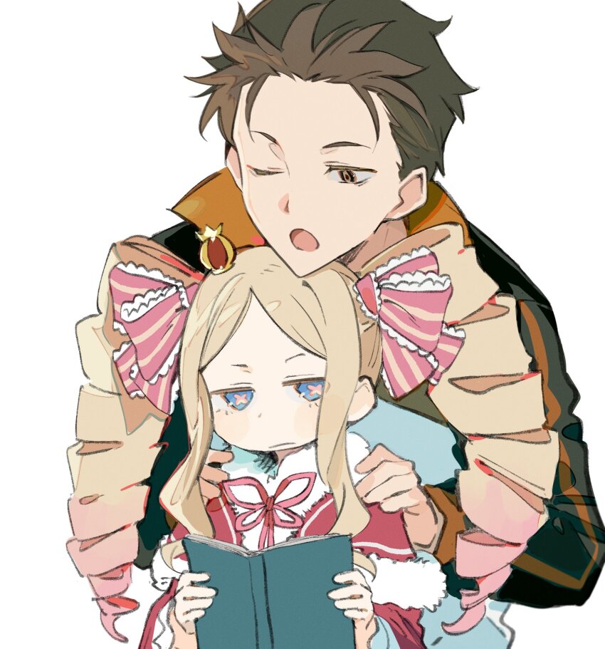 1boy 1girl beatrice_(re:zero) black_hair blonde_hair blue_eyes blush book brown_eyes butterfly-shaped_pupils capelet closed_mouth crown dress drill_hair fur-trimmed_capelet fur_trim gradient_hair hair_ribbon hands_on_another&#039;s_shoulders highres holding holding_book jacket long_hair long_sleeves looking_at_another mini_crown multicolored_hair natsuki_subaru one_eye_closed open_mouth pink_hair popped_collar re:zero_kara_hajimeru_isekai_seikatsu ribbon short_hair sidelocks simple_background symbol-shaped_pupils track_jacket twin_drills two-tone_hair white_background xing_20