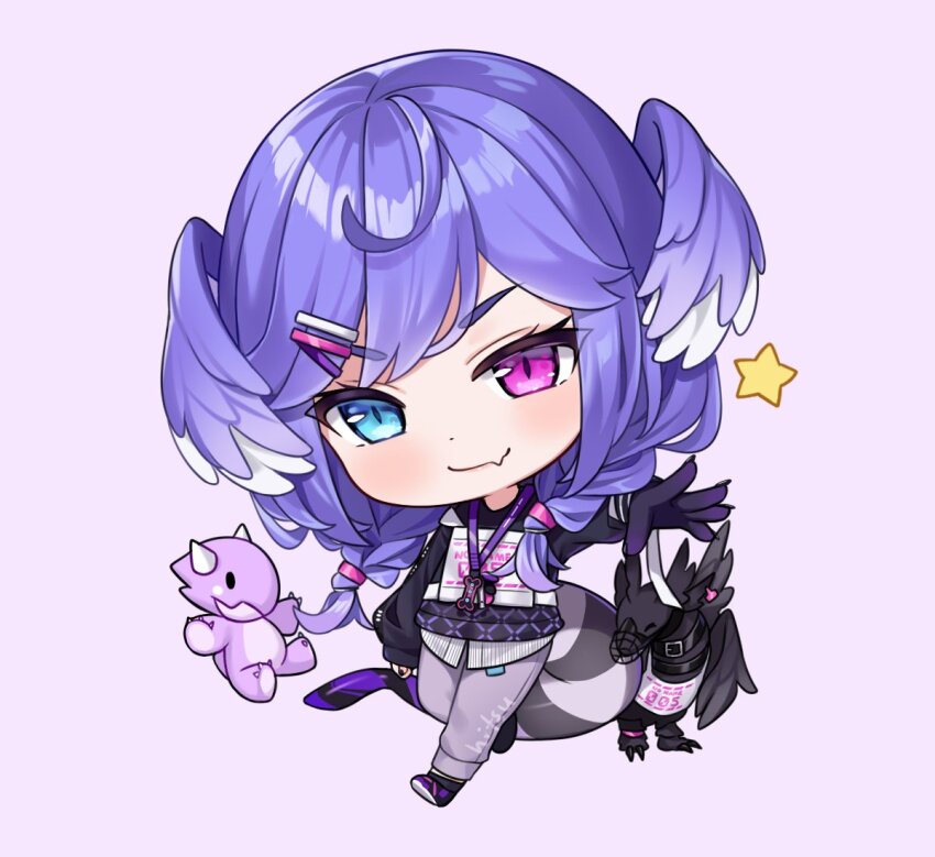 1girl animal bib black_footwear black_shirt blue_eyes braid chibi closed_mouth commentary dragon dragoon_(selen_tatsuki) ember_(selen_tatsuki) english_commentary eyebrows_hidden_by_hair fang fang_out feathered_wings full_body grey_pants hair_ornament hair_over_shoulder hairclip head_wings heterochromia hitsukuya long_hair long_sleeves looking_at_viewer muzzle nijisanji nijisanji_en outstretched_arm pants puffy_long_sleeves puffy_sleeves purple_eyes purple_hair purple_wings selen_tatsuki selen_tatsuki_(1st_costume) shirt shoes sleeves_past_wrists smile star_(symbol) thick_eyebrows twin_braids very_long_hair virtual_youtuber white_shirt white_wings wings