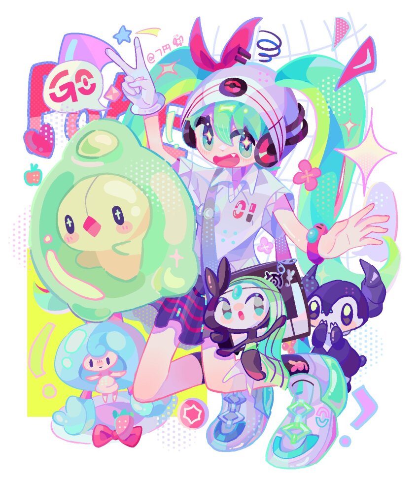 1girl :d apple aqua_eyes aqua_hair bag beanie black_skirt black_socks bracelet collared_shirt duosion eyes_visible_through_hair fang flower food fruit gen_2_pokemon gen_5_pokemon gen_8_pokemon gloves hair_between_eyes hair_ribbon hair_through_headwear handbag hat hatsune_miku hattrem headphones heart highres indeedee indeedee_(male) jewelry legendary_pokemon long_hair matoka7 meloetta meloetta_(aria) miniskirt mythical_pokemon nintendo number_print open_mouth piano_print pink_flower pink_ribbon pokemon pokemon_(creature) project_voltage psychic_miku_(project_voltage) ribbon shirt shoes short_sleeves single_glove skirt smile socks sparkling_eyes speech_bubble squiggle star_(symbol) striped_clothes striped_skirt twintails unown unown_m v vocaloid white_footwear white_gloves white_hat white_shirt