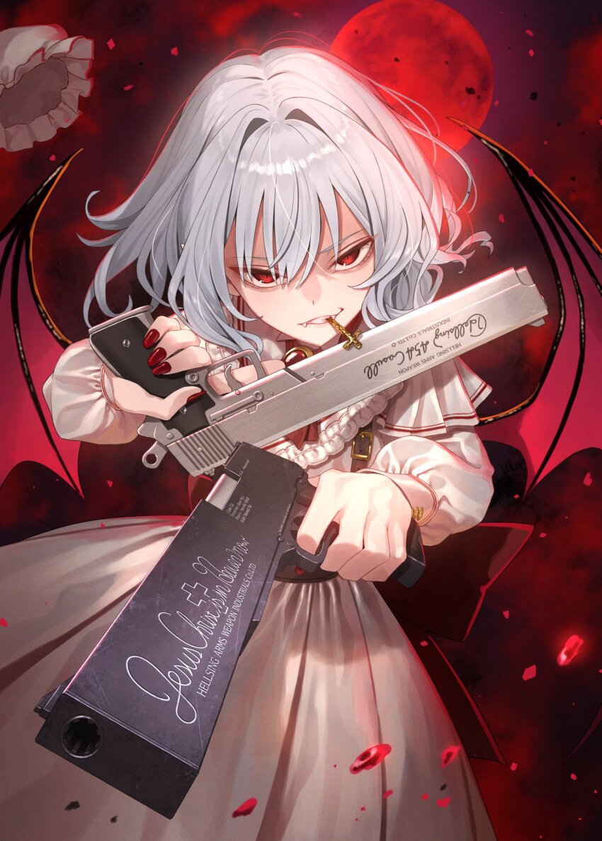 1girl ascot bat_wings blue_hair casull_(hellsing) cross dress dual_wielding fang greenkohgen gun handgun hellsing highres holding holding_gun holding_weapon jackal_(hellsing) moon mouth_hold red_ascot red_eyes red_moon remilia_scarlet short_hair smile solo touhou vampire weapon white_dress wings