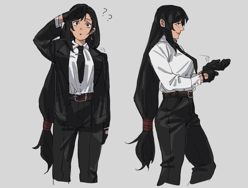 1girl :o ? ?? adjusting_clothes adjusting_gloves alternate_costume alternate_universe belt black_hair black_jacket black_pants breasts buttons dress_pants earrings eyelashes final_fantasy final_fantasy_vii final_fantasy_vii_remake floating_earrings formal_clothes gloves grey_background highres jacket jewelry long_hair low-tied_long_hair medium_breasts multiple_views necktie pants putting_on_gloves red_eyes salute shirt shirt_tucked_in smile strawderryst suit teardrop_earrings tifa_lockhart turks_(ff7) white_shirt