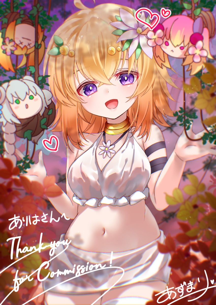 4girls absurdres ahoge az_(colorb05) breasts commission crop_top duel_monster flower hair_flower hair_ornament highres looking_at_viewer medium_breasts medium_hair midriff multiple_girls navel purple_eyes signature smile solo_focus traptrix_genlisea traptrix_mantis traptrix_nepenthes traptrix_pudica yu-gi-oh!