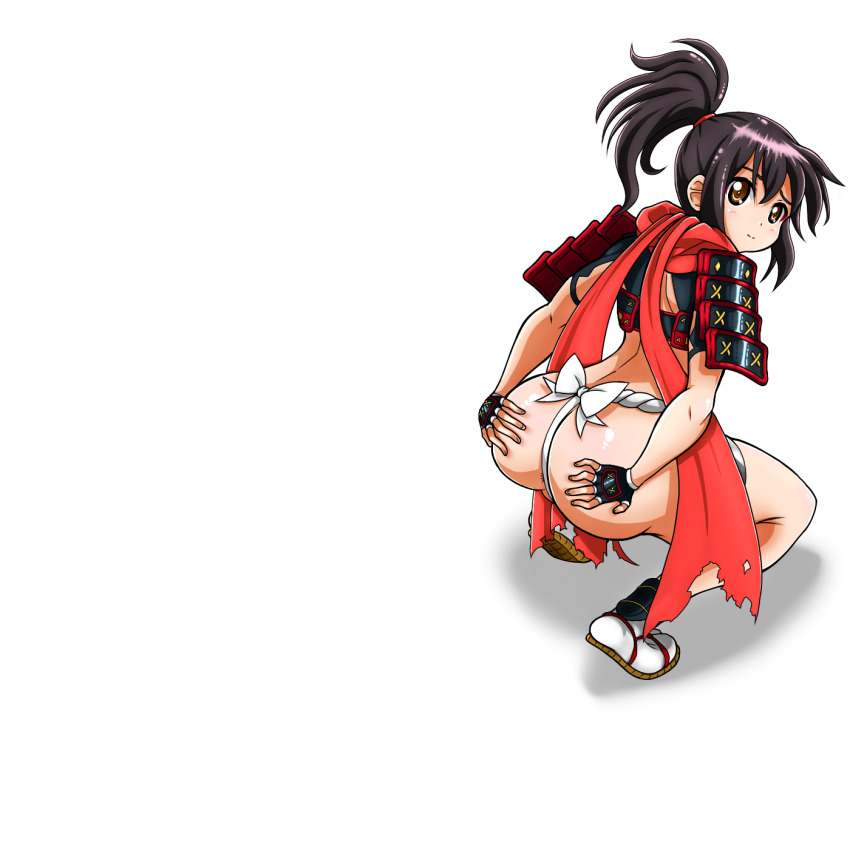 1girl anus anus_peek armor artist_request ass back bare_legs black_hair blush breastplate breasts fingerless_gloves flexible full_body fundoshi gloves grabbing_own_ass highres huge_ass izumi_(queen&#039;s_blade) japanese_clothes looking_at_viewer looking_back ponytail pussy queen&#039;s_blade queen&#039;s_blade_rebellion scarf shiny_skin squatting white_background wide_hips