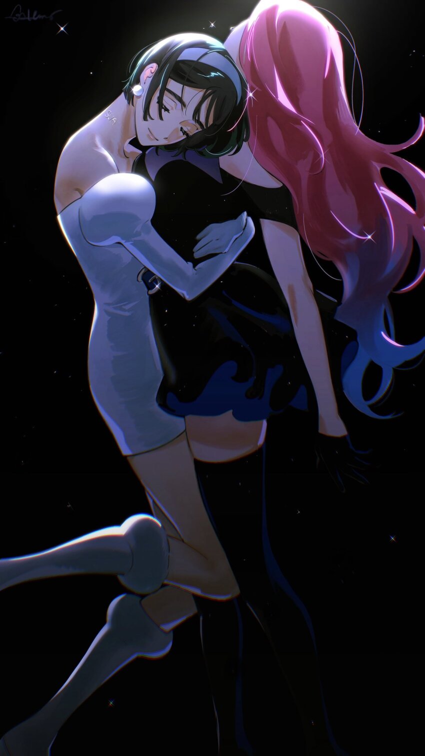 2girls alien_stage black_dress black_gloves black_hair black_thighhighs boots closed_eyes closed_mouth commentary dress elbow_gloves english_commentary gloves hairband highres hug juliet_sleeves long_hair long_sleeves mizi_(alien_stage) multiple_girls neck_tattoo off-shoulder_dress off_shoulder pink_hair puffy_sleeves roru_(lol_dessin) short_hair short_sleeves signature smile star_(sky) sua_(alien_stage) tattoo thigh_boots thighhighs white_boots white_dress white_gloves white_hairband