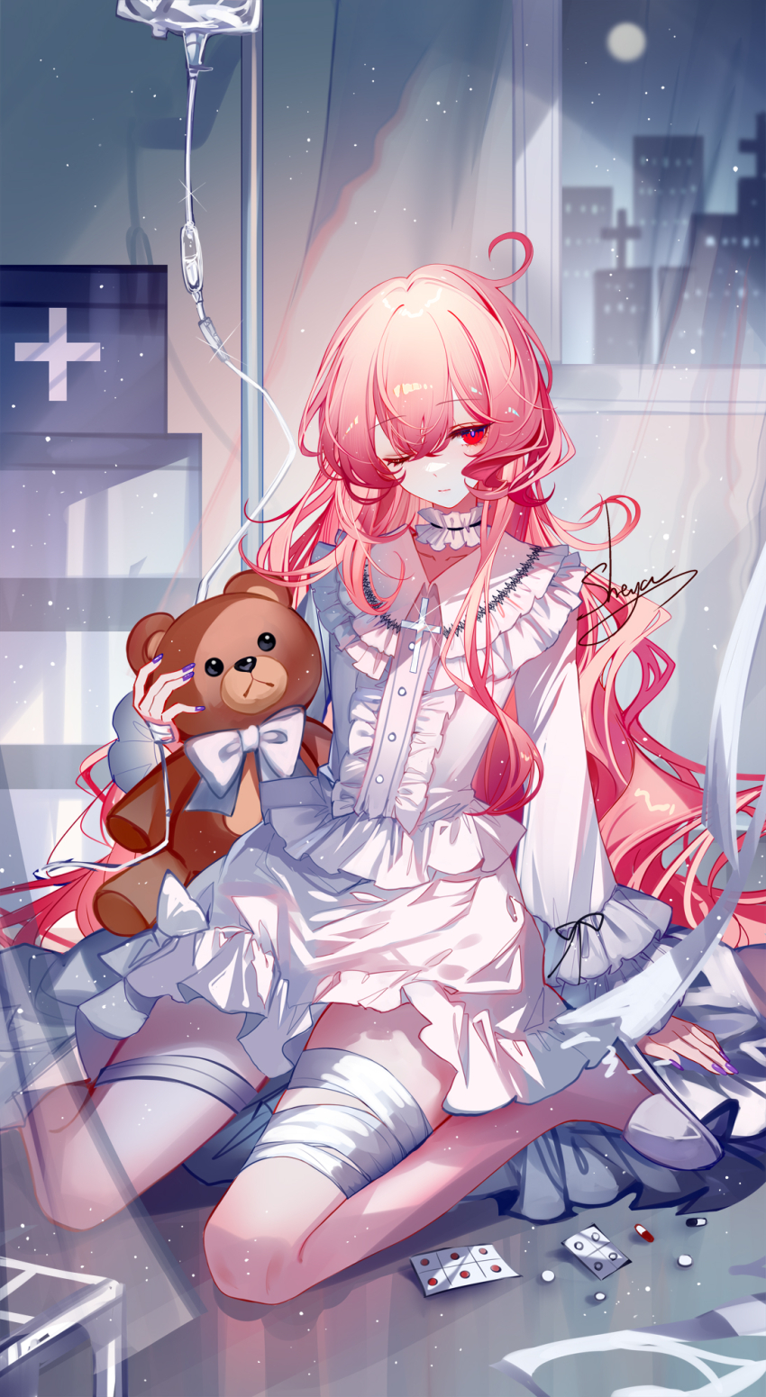 1girl bandaged_leg bandages highres holding holding_stuffed_toy long_hair one_eye_closed original pink_hair red_eyes sheya shirt skirt solo stuffed_animal stuffed_toy teddy_bear very_long_hair white_shirt white_skirt