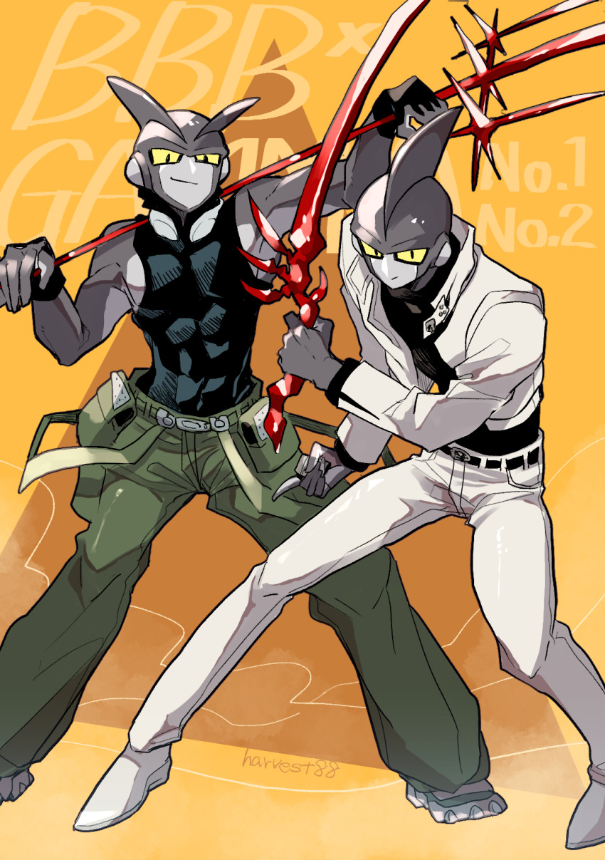 2boys artist_name belt black_belt black_gloves black_shirt character_name closed_mouth colored_sclera colored_skin commentary_request cosplay covered_abs cropped_jacket dragon_ball dragon_ball_super dragon_ball_super_super_hero expressionless fingerless_gloves gamma_1 gamma_2 gloves green_pants grey_skin hand_up harvest88 highres holding holding_sword holding_polearm holding_weapon jacket kekkai_sensen long_sleeves looking_at_viewer male_focus multiple_boys open_clothes open_jacket over_shoulder pants pectorals pocket polearm shirt shoes simple_background sleeveless sleeveless_shirt sleeveless_turtleneck smile smirk standing sword trident turtleneck v-shaped_eyebrows weapon weapon_over_shoulder white_footwear white_jacket white_pants yellow_background yellow_sclera zap_renfro zap_renfro_(cosplay) zed_o&#039;_brien zed_o&#039;_brien_(cosplay)