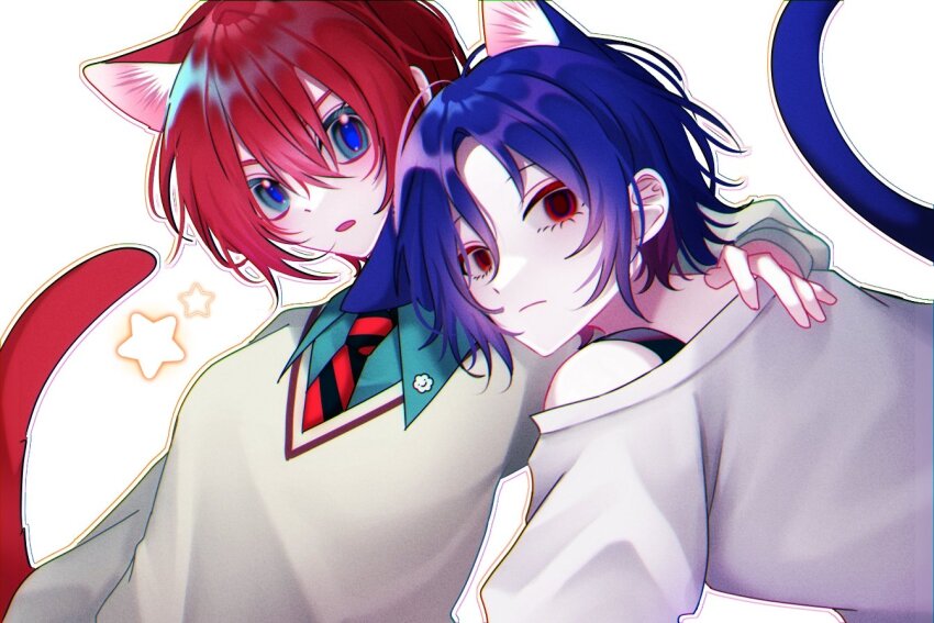 1boy 1girl amate_yuzuriha animal_ears aqua_eyes blue_hair cat_boy cat_ears cat_girl cat_tail collared_shirt colored_inner_hair commentary gundam gundam_gquuuuuux hashtag-only_commentary kemonomimi_mode long_sleeves looking_at_viewer lower_eyelashes_only multicolored_hair necktie open_mouth purple_hair red_eyes red_hair school_uniform shirt short_hair shuji_ito simple_background star_(symbol) sweater tail two-tone_hair upper_body white_background white_shirt yona_0