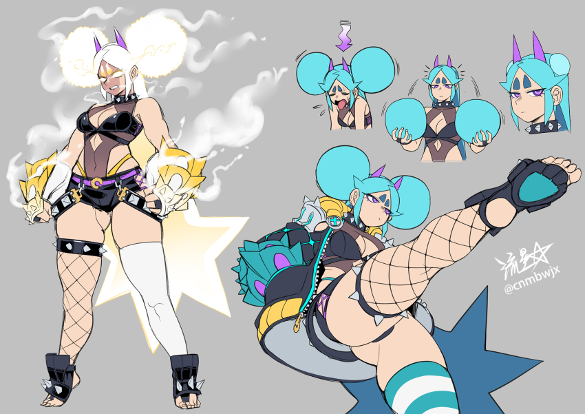 1girl :/ afro_puffs asymmetrical_legwear aura back black_bra black_shorts blank_eyes blonde_hair blue_hair bra breasts cleavage cleavage_cutout clenched_hands clenched_teeth clothing_cutout commentary detached_hair double_bun fishnet_thighhighs fishnets glowing glowing_eyes gluteal_fold gradient_hair hair_bun highleg highleg_leotard highleg_panties highres hot kicking leotard long_hair medium_breasts micro_shorts multicolored_hair navel open-toe_shoes original panties purple_eyes ryuusei_(mark_ii) shorts shrimball_(ryuusei_(mark_ii)) signature spiked_thighlet strapless strapless_bra teeth thick_thighs thighhighs thighs tiptoes tongue tongue_out twitter_username underwear vambraces very_long_hair white_hair yellow_panties