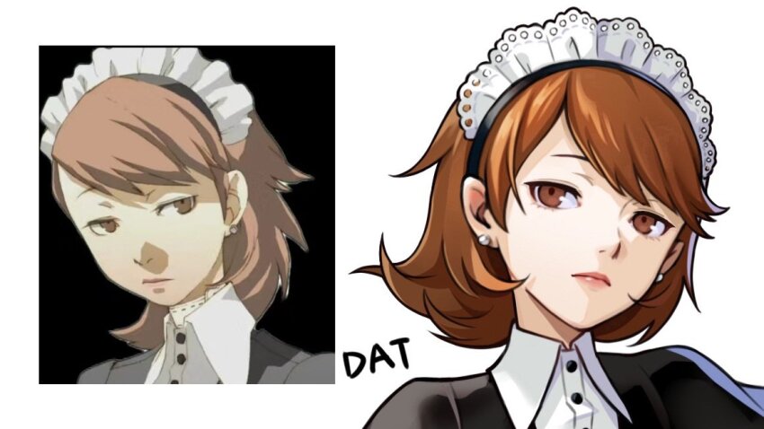 1girl artist_name black_dress brown_eyes brown_hair closed_mouth collar collared_shirt commentary da-cart dress earrings jewelry lips maid maid_headdress medium_hair multiple_views official_alternate_costume official_art_inset persona persona_3 pink_lips portrait reference_inset shirt simple_background stud_earrings symbol-only_commentary takeba_yukari unamused upper_body white_collar white_shirt
