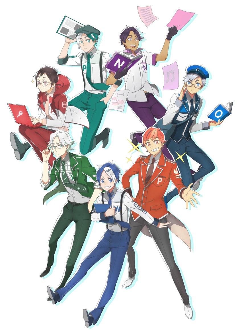 6+boys aqua_eyes blue_eyes cioccolatodorima clipboard dark-skinned_male dark_skin glasses green_eyes green_neckwear hair_ornament hairclip highres male_focus microsoft_access microsoft_excel microsoft_office microsoft_onenote microsoft_outlook microsoft_powerpoint microsoft_publisher microsoft_word multiple_boys necktie original paperclip_hair_ornament papers parody personification pink_eyes red_eyes sparkle suspenders