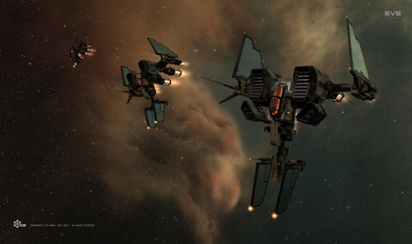 3d canopy_(aircraft) commentary company_logo company_name copyright_logo copyright_name dated eve_online fleet flying glowing heavy_fighter_(eve_online) highres logo military_vehicle minmatar_republic_(eve_online) nebula no_humans official_art outdoors radio_antenna realistic salvo_(willem_van_biljon) science_fiction sky space spacecraft star_(sky) starfighter starry_sky starry_sky_background thrusters tyrfing_(eve_online) vehicle_focus