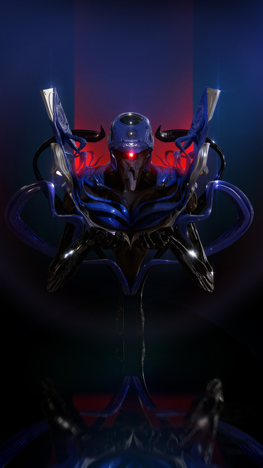 3d absurdres biomechanical eva_00 evangelion_(mecha) highres looking_at_viewer mecha mecha_focus neon_genesis_evangelion no_humans one-eyed red_eyes redesign reflection robot science_fiction solo umgj upper_body