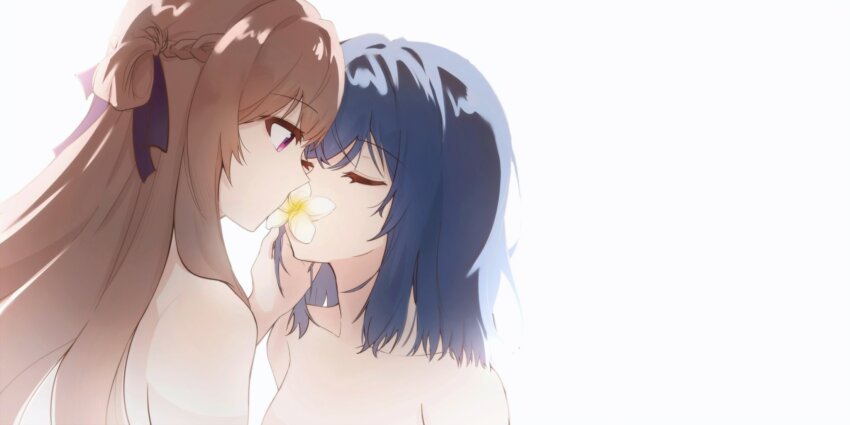 2girls blue_hair blue_ribbon braid brown_hair closed_eyes commentary flower flower_over_mouth hair_between_eyes hair_ribbon half_up_braid hashtag-only_commentary highres long_hair medium_hair mim120809 miyagi_shiori multiple_girls nude purple_eyes ribbon sendai_hazuki shuuniichido_classmate_wo_kau_hanashi yuri