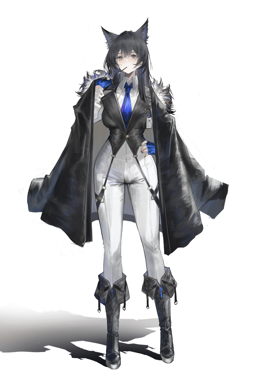 1girl absurdres animal_ear_fluff animal_ears arknights bai_yao_(user_ygua7252) black_hair black_jacket black_vest blue_gloves blue_necktie collared_shirt extra_ears fingerless_gloves food full_body fur-trimmed_jacket fur_trim gloves hair_between_eyes hand_on_own_hip highres holding id_card jacket lapels long_hair long_sleeves looking_at_viewer necktie notched_lapels open_clothes pants pocky shirt solo standing texas_(arknights) texas_the_omertosa_(arknights) vest white_background white_pants white_shirt wing_collar wolf_ears wolf_girl yellow_eyes