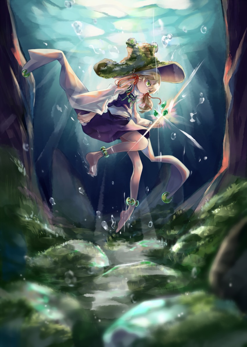 1girl absurdres air_bubble anklet bad_anatomy bare_legs blonde_hair brown_hat bubble commentary_request female_focus green_eyes hair_ribbon hat highres jewelry long_hair long_sleeves moriya_suwako moss necklace purple_skirt purple_vest red_ribbon ribbon sidelocks skirt skirt_set solo syukou touhou tress_ribbon turtleneck underwater vest wide_sleeves