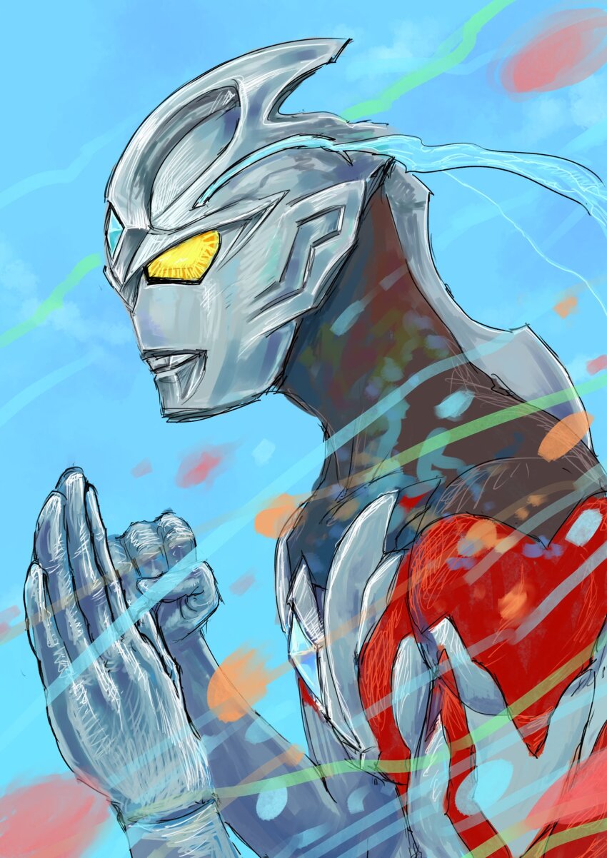 1boy alien black_skin blue_background blue_gemstone color_timer colored_skin commentary english_commentary fighting_stance forehead_jewel gem highres looking_ahead male_focus multicolored_skin muto_shoma no_pupils red_skin silver_skin solo tokusatsu ultra_series ultraman_arc ultraman_arc_(series) upper_body yellow_eyes