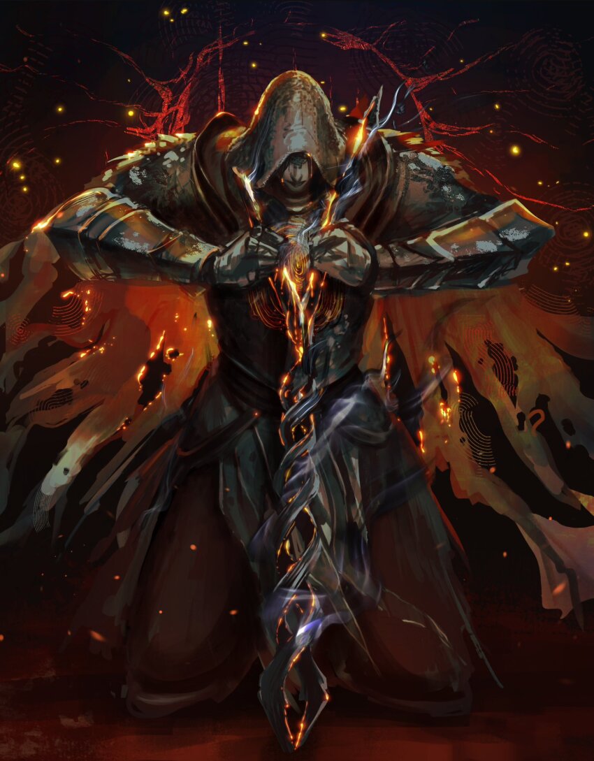 1girl armor armor_under_clothes black_hair black_lips breastplate burning_clothes cape cloak coiled_sword commentary dovahcaine elden_ring english_commentary fire flaming_eyes flaming_sword flaming_weapon full_armor glowing glowing_eyes hair_over_face hair_over_one_eye highres holding holding_sword holding_weapon hood kneeling knight looking_at_viewer medium_hair ornate ornate_armor pale_skin pauldrons pidge_(dovahcaine) shoulder_armor shoulder_plates solo sword vambraces weapon yellow_eyes yellow_liquid