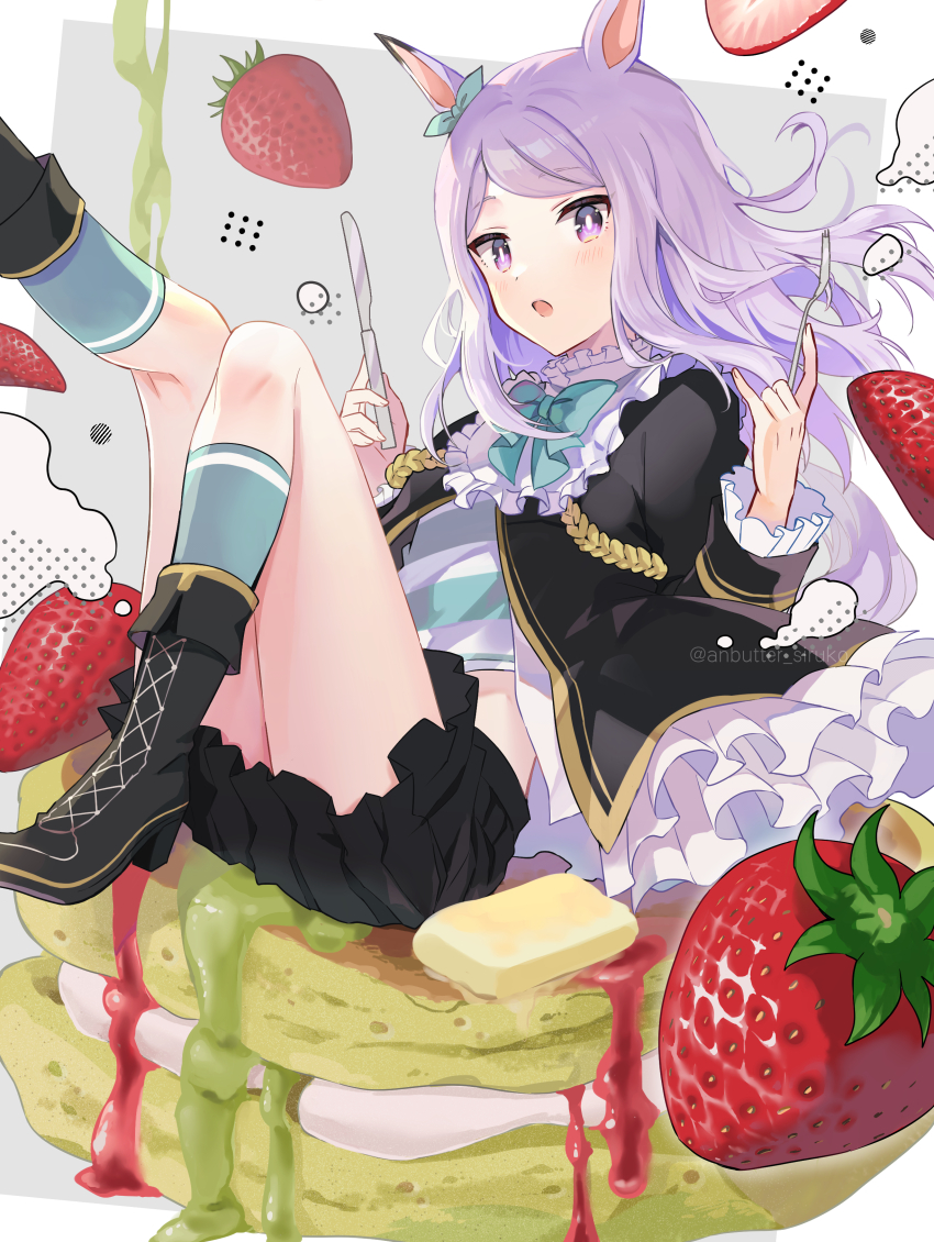 1girl absurdres anbutter_siruko animal_ears aqua_bow aqua_socks black_boots black_jacket blush boots bow ear_bow food fork fruit high_heel_boots high_heels highres holding holding_fork horse_ears horse_girl horse_tail jacket kneehighs long_hair long_sleeves mejiro_mcqueen_(umamusume) open_mouth purple_eyes purple_hair socks solo strawberry tail twitter_username umamusume